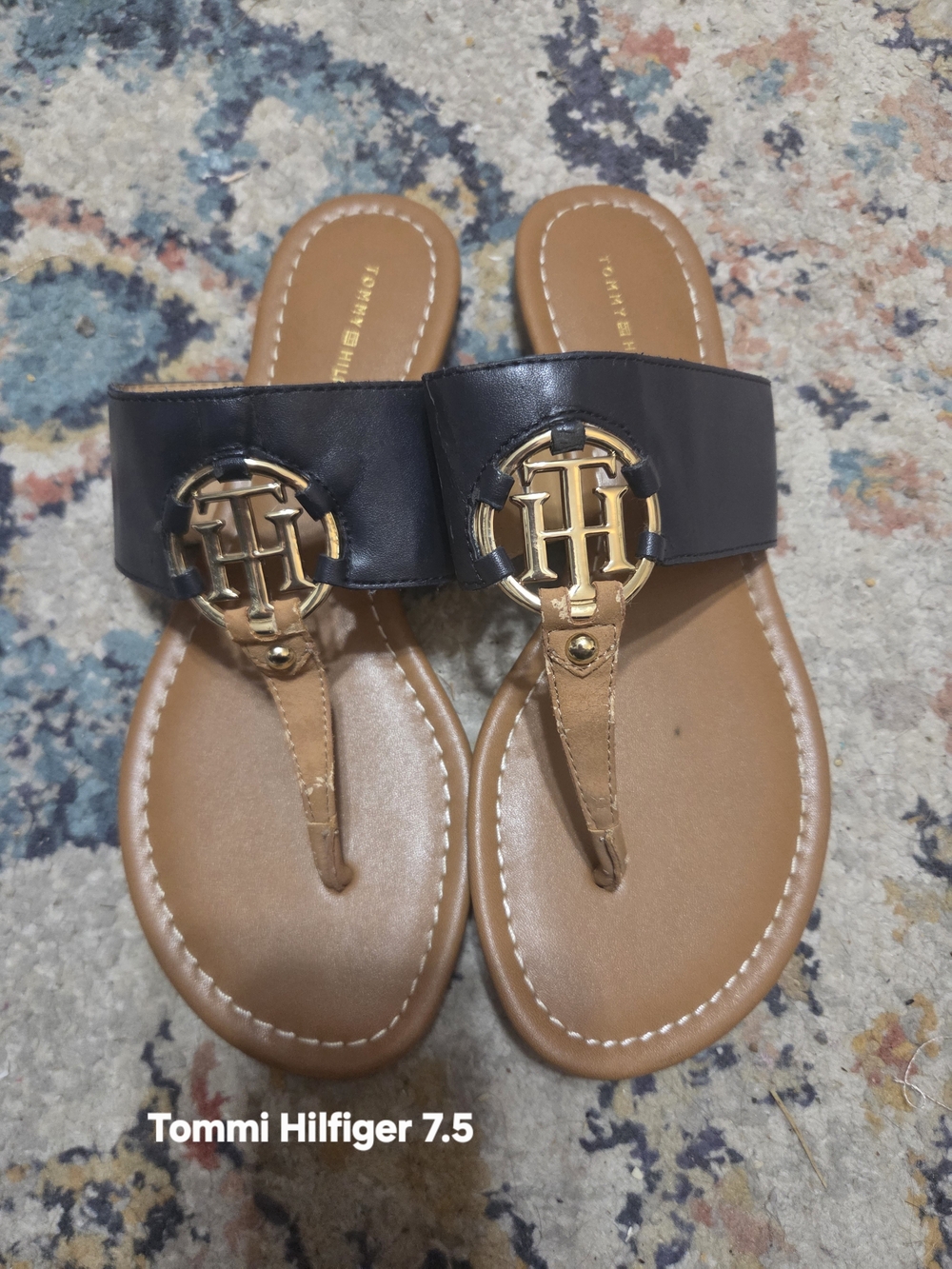 Tommy Hilfiger Navy and Tan Sandals Flip Flops - 7.5 Nwot Sb1